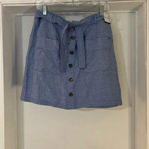 Purple & More Women's M Blue Linen-Blend Button-Front MIni Skirt With Tie Waist